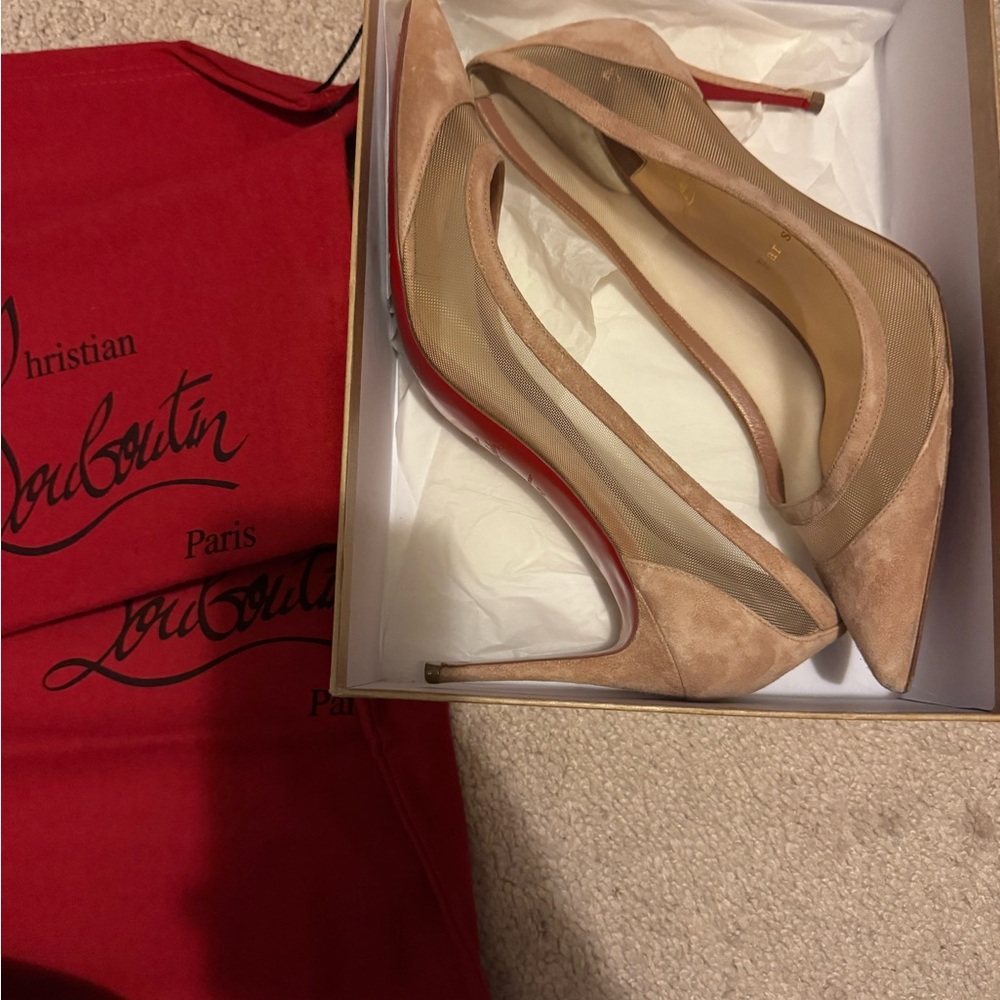 Christian Louboutin Nude Beige Suede Pointed Toe Pumps with Red Soles